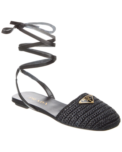 Prada Straw & Leather Flat In Black