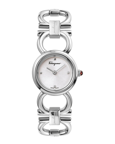 Ferragamo Double Gancini Round Silvertone Stainless Steel Bracelet Watch