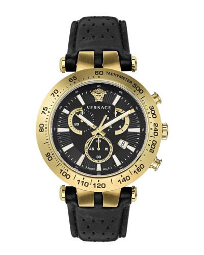 Versace Men's Swiss Chronograph Bold Black Perforated Leather Strap Watch 46mm In Multi