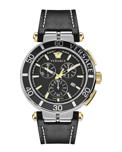 Versace Men's Chronograph Greca Black Leather Strap Watch 45mm