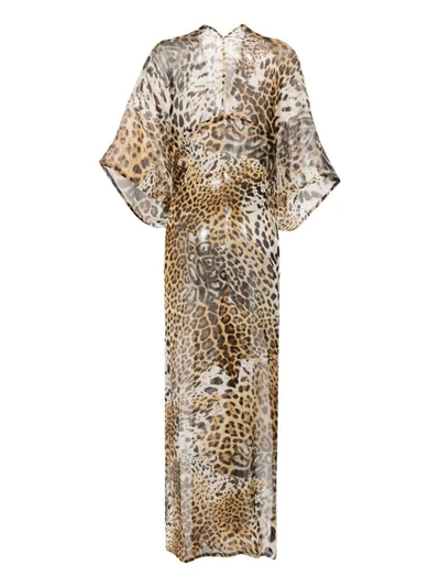 Roberto Cavalli Animalier Print Loose Fit Long Dress In Natural