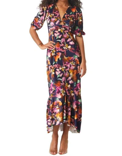 Misa Wallis Twisted Floral Fluted Midi Dress In Blue
