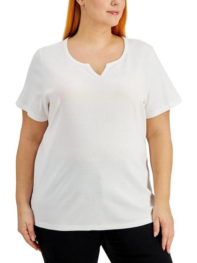 Karen Scott Womens Cotton Split Neckline T-shirt In White