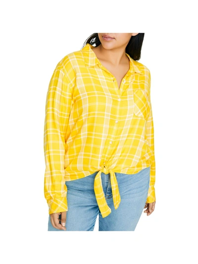 Sanctuary Womens Plaid Tie Front Button-down Shirt In Yellow