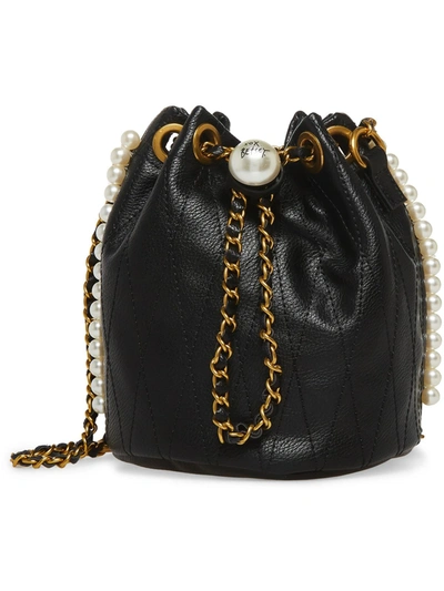 Betsey Johnson Womens Faux Leather Embellished Bucket Handbag In Black