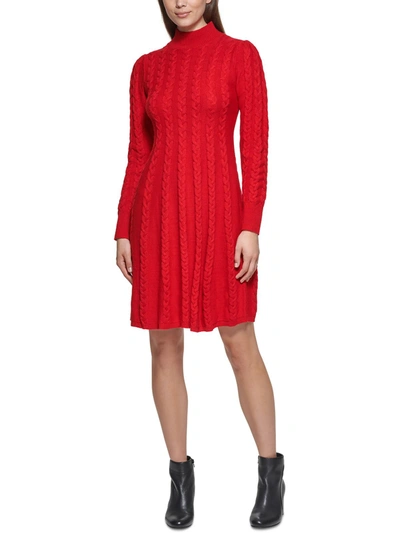 Jessica Howard Petites Womens Cable Knit Mock Neck Sweaterdress In Red