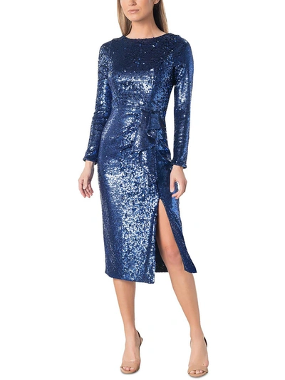 Dress The Population Womens Sequined Long Sleeves Sheath Dress In Blue