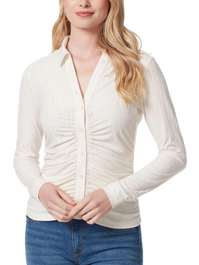 Jessica Simpson Womens Shadow Stripe Ruched Button-down Top In White