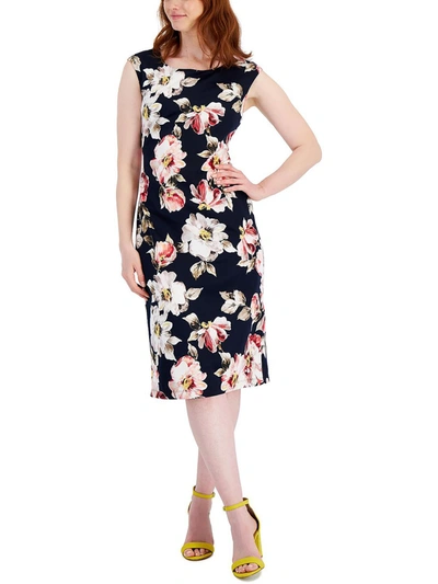 Connected Apparel Womens Floral Print Knee-length Wear To Work Dress In Blue