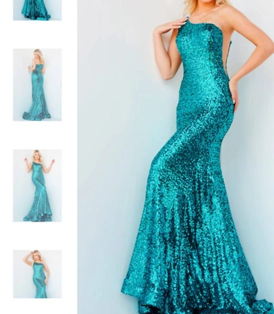 Jovani Sequin One Shoulder In Turquoise In Blue