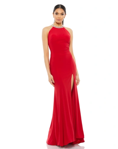 Mac Duggal Beaded Halter Jersey Evening Gown In Red