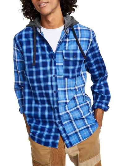 Sun + Stone Mens Attached Hood Collared Button-down Shirt In Blue