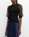 AUTUMN CASHMERE TULLE PUFF SLEEVE CREW NECK TOP IN BLACK