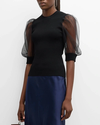 Autumn Cashmere Tulle-sleeve Crewneck Pullover In Black