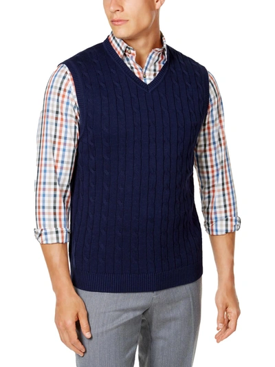 Tasso Elba Mens Cable Knit V-neck Sweater Vest In Blue