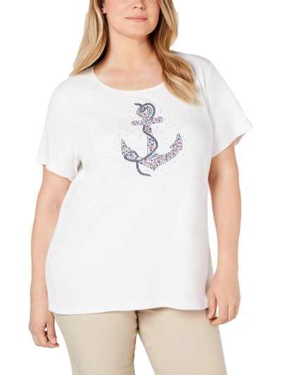 Karen Scott Plus Womens Embellished Graphic Casual Top In White