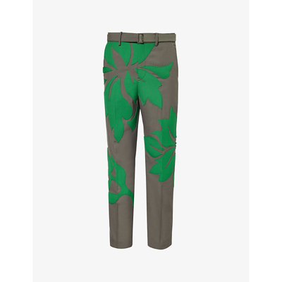 Sacai Leaf-embellished Tapered-leg Woven Trousers In Taupe Green