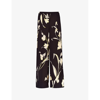 RO&ZO RO&ZO WOMEN'S BLACK CLIMBING-FLORAL WIDE-LEG MID-RISE RECYCLED POLYESTER-BLEND TROUSERS