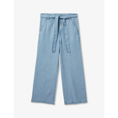 Benetton Girls Light Denim Blue Kids Belted Palazzo Denim Trousers 6-14 Years In Sky Blue