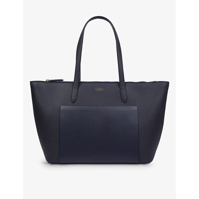 Smythson East West Tote Bag With Zip In Navy