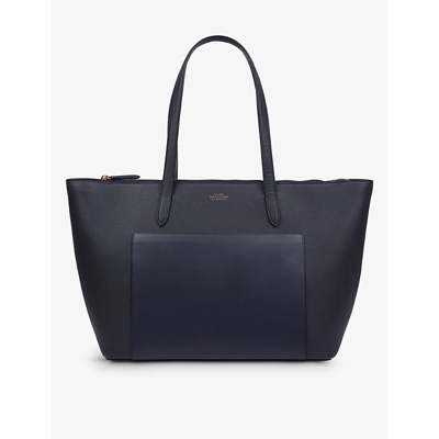 Smythson East West Tote Bag With Zip In Panama In Navy