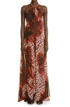 Johanna Ortiz Victoria Falls Printed Recycled Crepe De Chine Halterneck Maxi Dress In Black/ Red Plum/ Turquoise