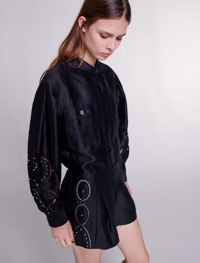 Maje Womens Noir / Gris Open-embroidered Cropped Linen-blend Shirt In Black