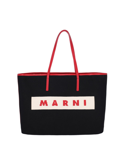 Marni Logo Tote Bag In Black  