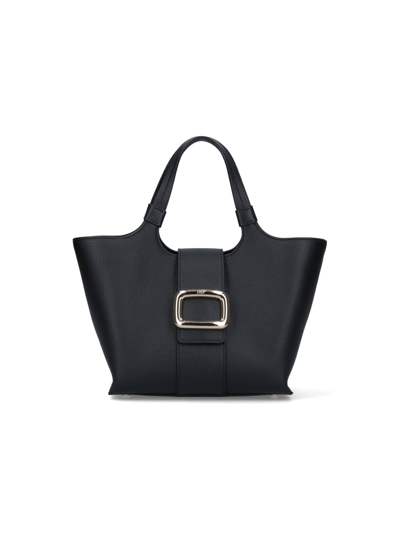 Roger Vivier Mini Viv Choc Black Leather Shopping Handbag In Grey