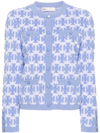 Tory Burch Double T-monogram Knit Cardigan In Hydrangea Blue / White