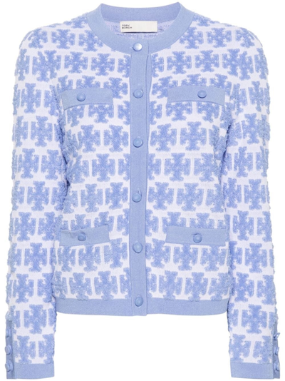 Tory Burch Double T-monogram Knit Cardigan In Blue