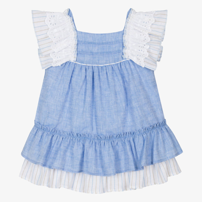 Miranda Baby Girls Blue Linen Frill Dress
