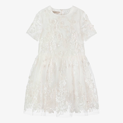 Elie Saab Teen Girls White Embroidered Tulle Dress