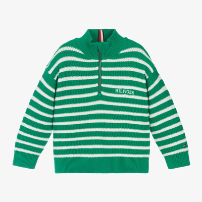 Tommy Hilfiger Kids' Boys Green Striped Cotton Knit Sweater