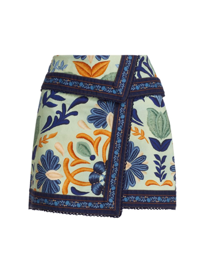 Farm Rio Women's Floral Cotton Wrap Miniskirt In Ocean Tapestry Green