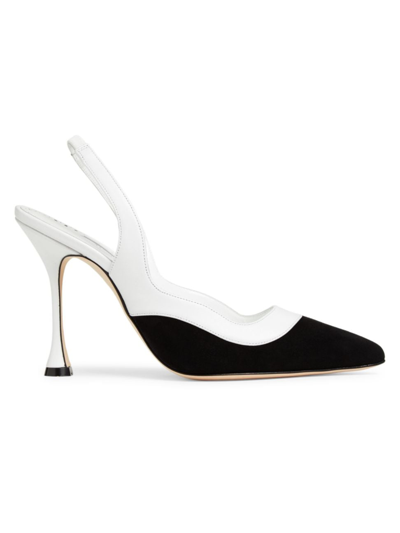 Manolo Blahnik Women's Goga 100mm Colorblocked Suede & Leather Slingback Pumps In Black And White