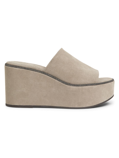 Brunello Cucinelli Suede Slide Wedge Platform Sandals In Neutrals