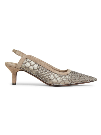 Brunello Cucinelli Crystal Mesh Net Slingback Pumps In C9543 Mud