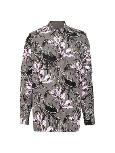 Prada Men's Ufo Floral Poplin Sport Shirt In Grey