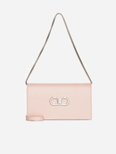 Ferragamo Mini Crossbody Bag With Gancini In Nylund Pink,optic White