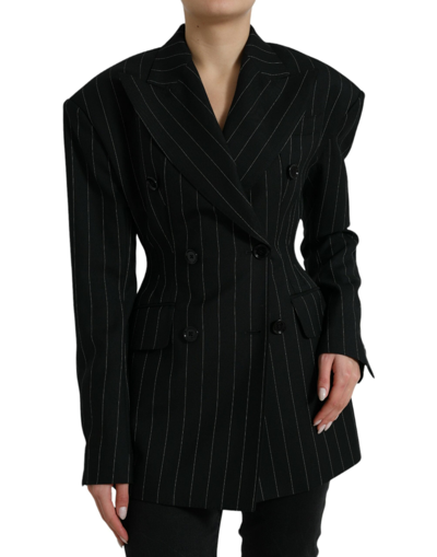 Dolce & Gabbana Black Striped Wool Doublebreasted Coat Jacket