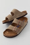 Birkenstock Arizona Suede Shearling Dual-buckle Slide Sandals In Taupe