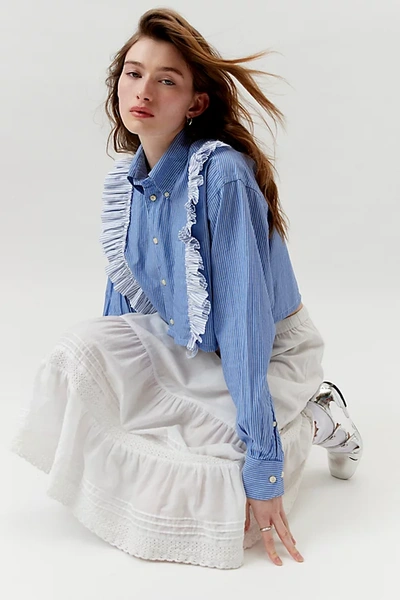 Urban Renewal Remade Raw Cropped Ruffle Front Shirt In Blue, Women's At Urban Outfitters