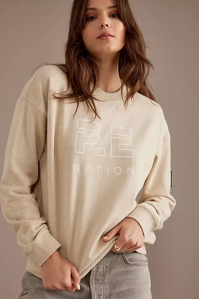 P.e Nation Womens Oatmeal Marle Heads Up Logo-print Organic-cotton Sweatshirt