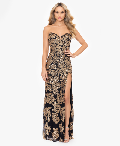 Blondie Nites Juniors' Floral-sequined Strapless Gown In Black,gold