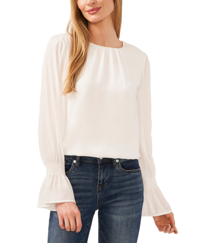 Cece Women's Crewneck Long Sleeve Smocked Ruffle Cuff Blouse In New Ivory