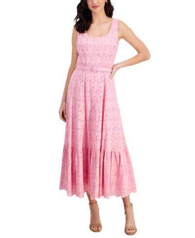 Taylor Women's Boat-neck Belted Embroidered Eyelet Dress In Flamingo