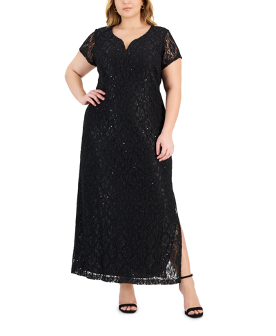 Connected Plus Size Sequin-lace V-wire Maxi Dress In Black