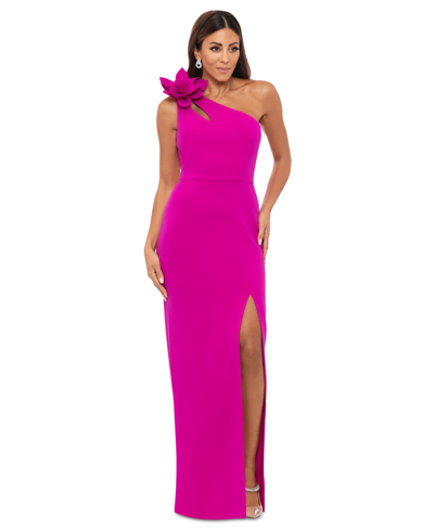 Xscape Women's One-shoulder Flower Side-slit Dress In New Fushia