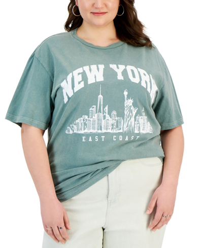 Rebellious One Trendy Plus Size New York Graphic T-shirt In Sage Min Wash